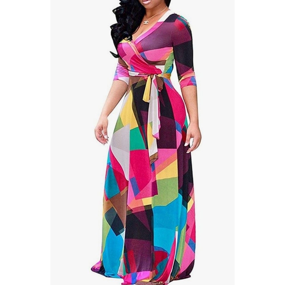 Women's V Neck 3/4 Sleeve African Floral Dress